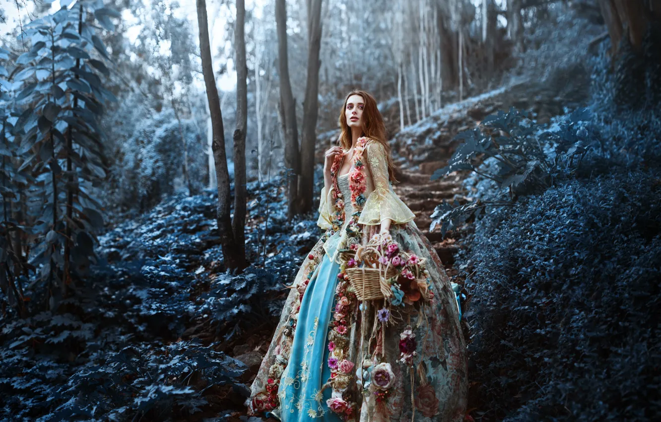 Photo wallpaper forest, girl, flowers, basket, Ronny Garcia, The last flowers of the season