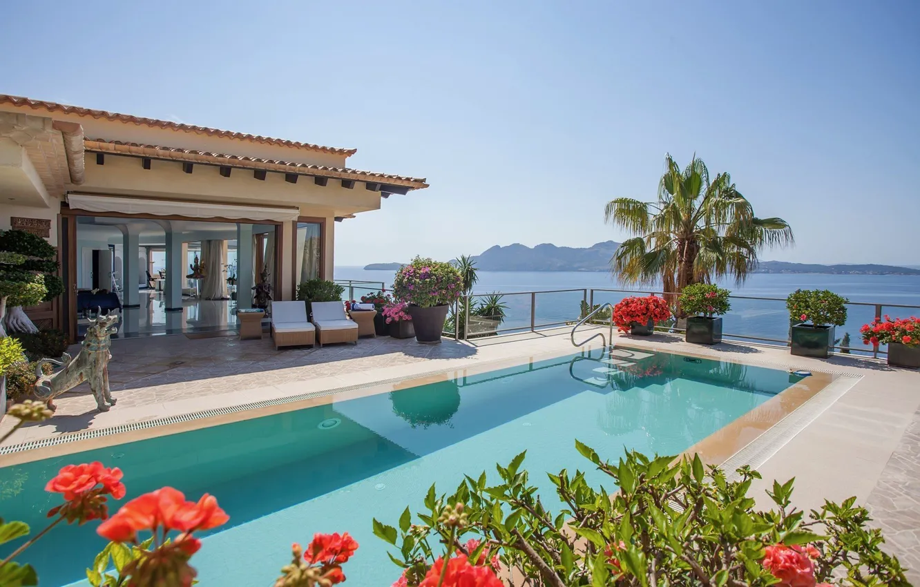 Photo wallpaper sea, Villa, pool, Spain, Mallorca