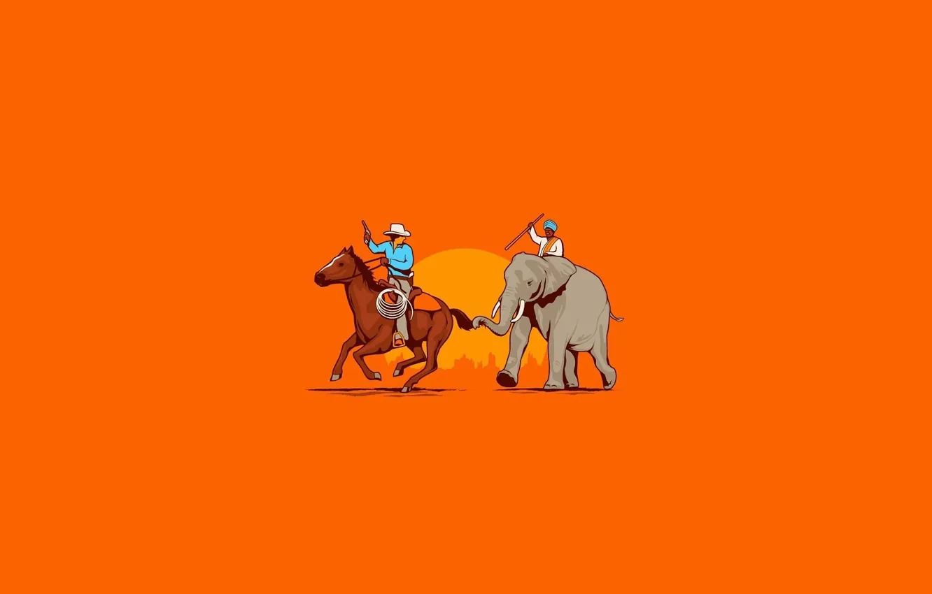 Photo wallpaper orange, weapons, background, horse, elephant, minimalism, cowboy