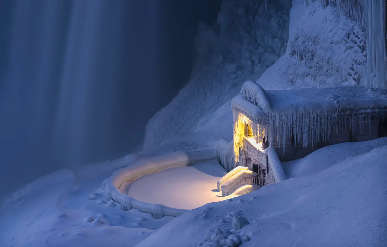 Photo wallpaper winter, snow, waterfall, icicles, Canada, Ontario, Niagara falls, Canada