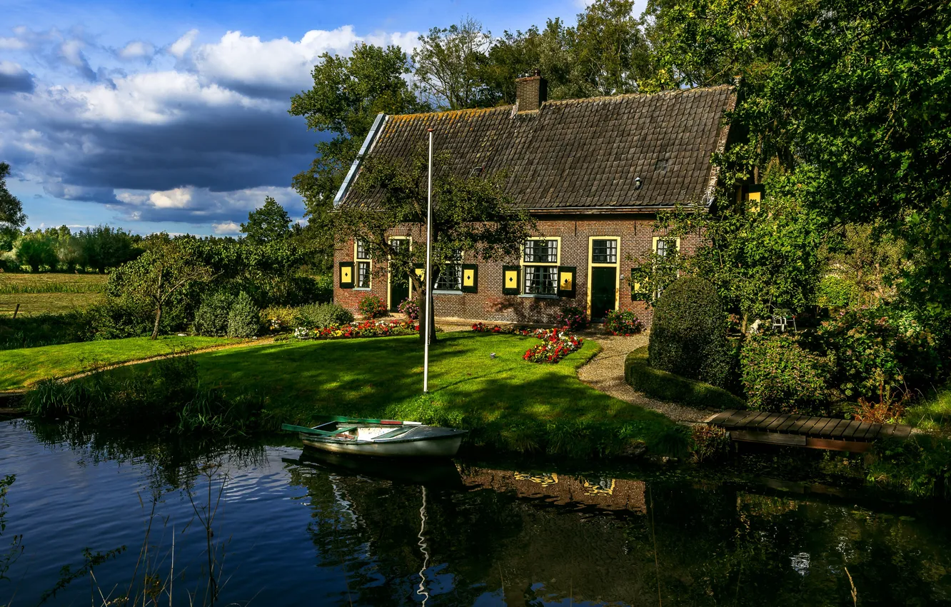 Photo wallpaper the sky, clouds, trees, house, reflection, boat, Netherlands