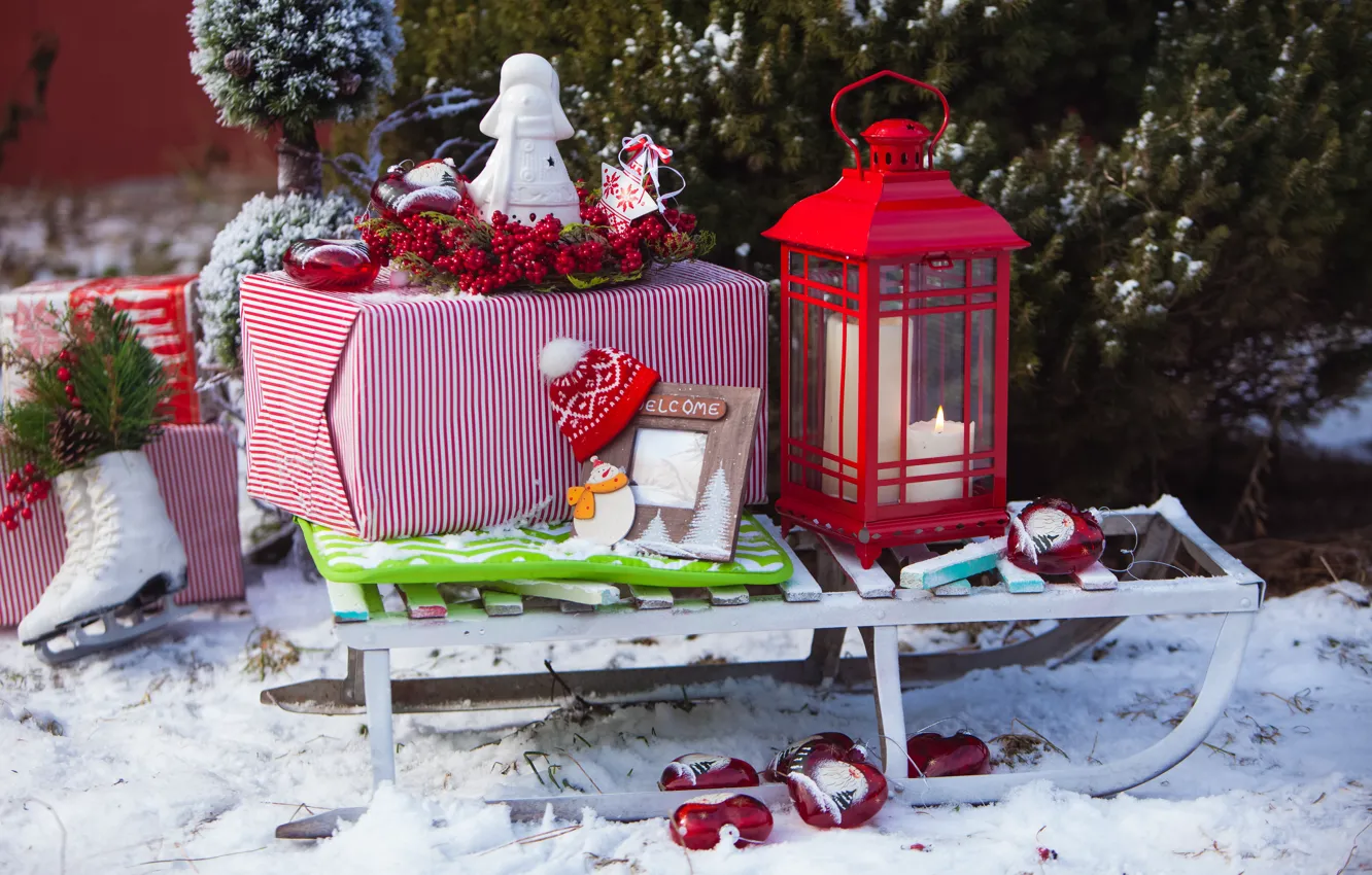 Photo wallpaper winter, nature, berries, holiday, new year, candles, flashlight, sleigh