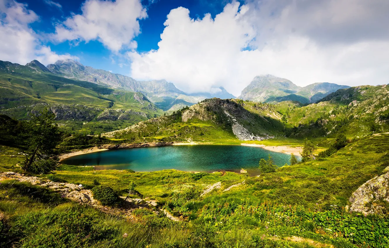 Photo wallpaper greens, grass, clouds, mountains, lake, stones, rocks, Alps