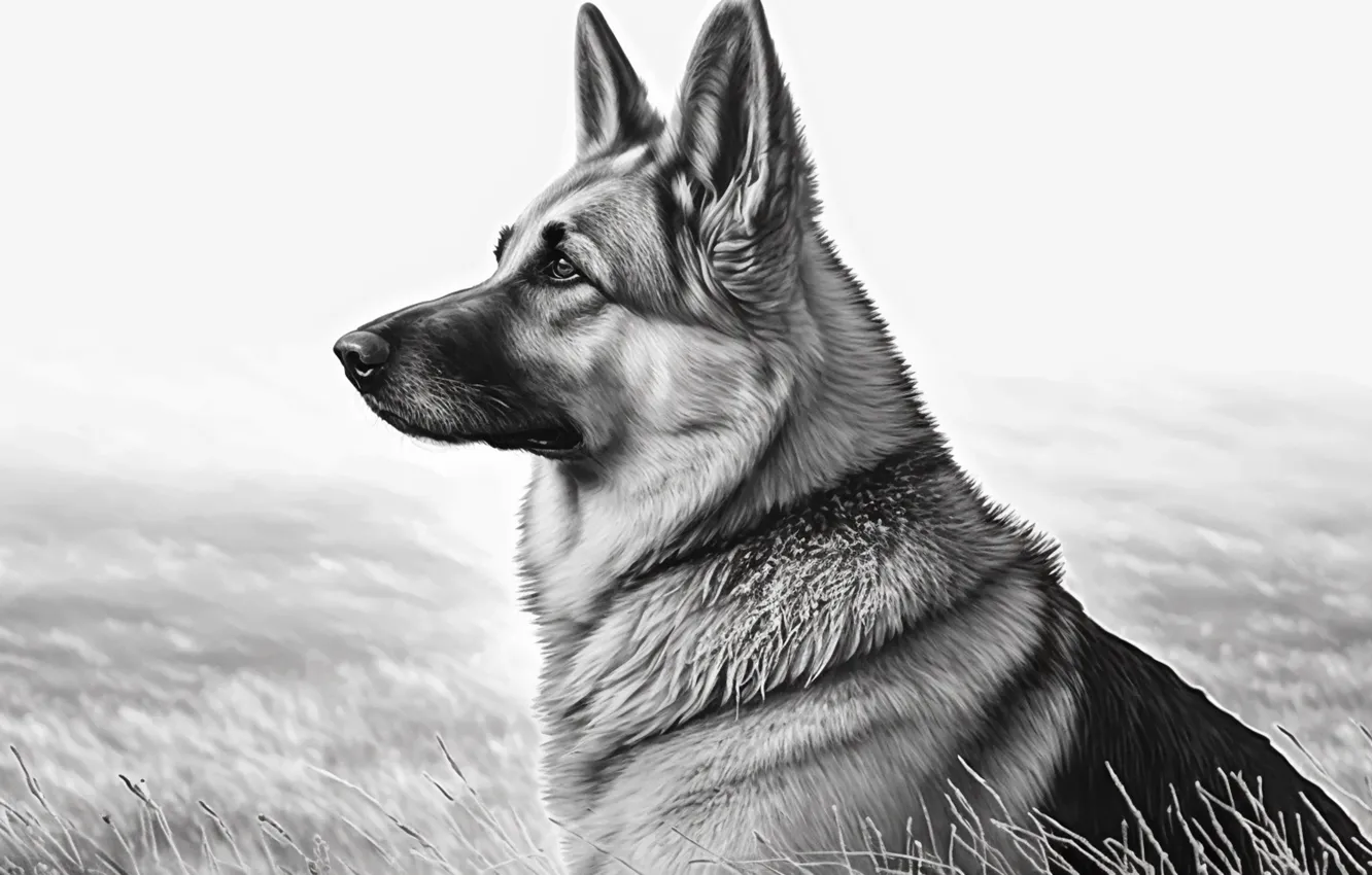 Photo wallpaper Dog, Shepherd, Art, Side, Digital art, Black and white, Ears, German shepherd