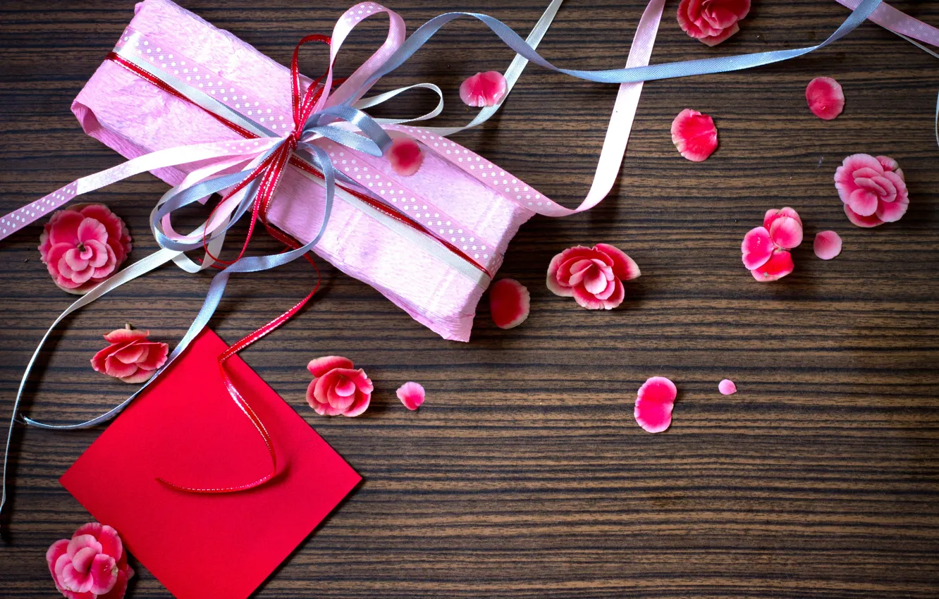 Photo wallpaper flowers, paper, holiday, gift, petals, pink, ribbons, box