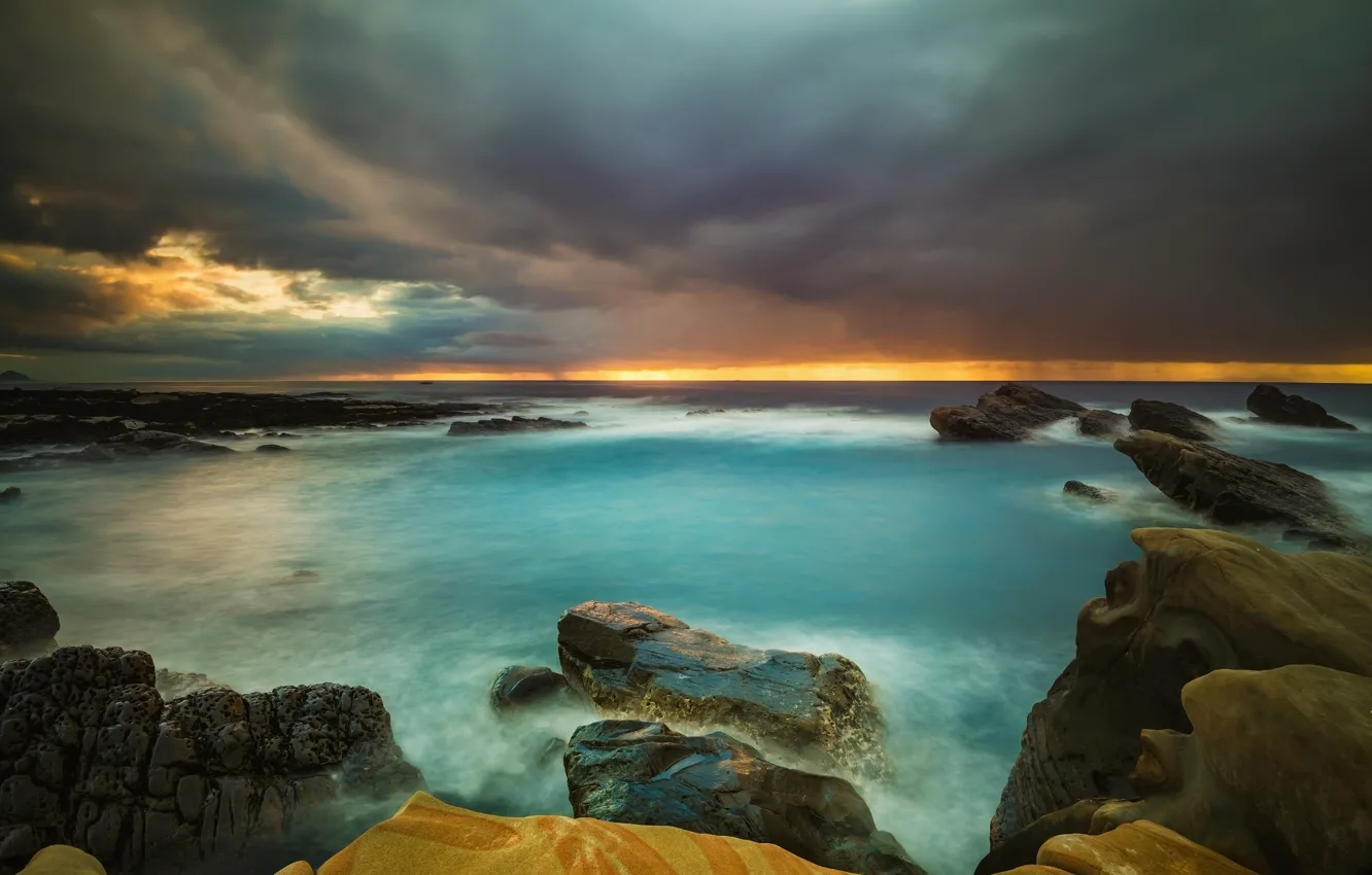 Photo wallpaper sea, the sky, clouds, stones, overcast, rocks, shore, horizon