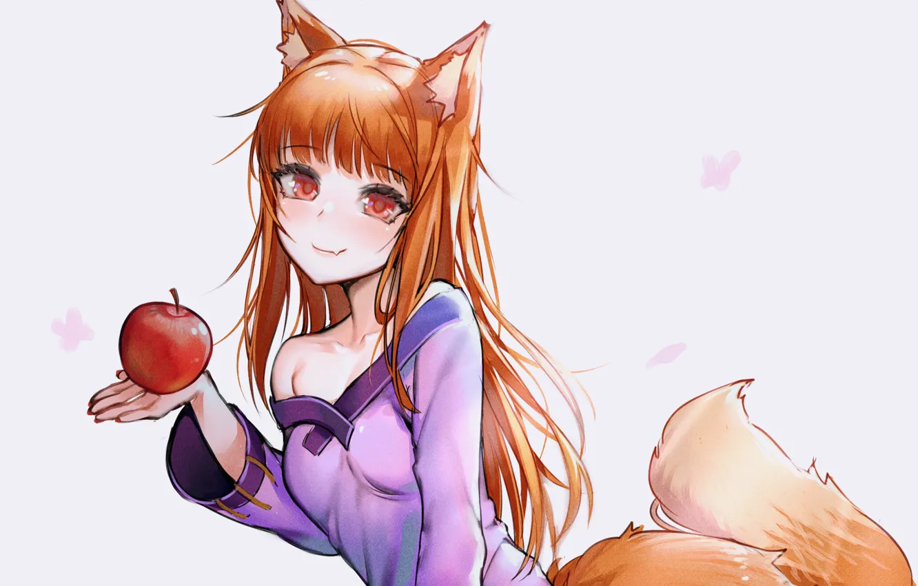 Photo wallpaper girl, Apple, tail, white background, ears, Spice and Wolf, Holo, Spice And Wolf