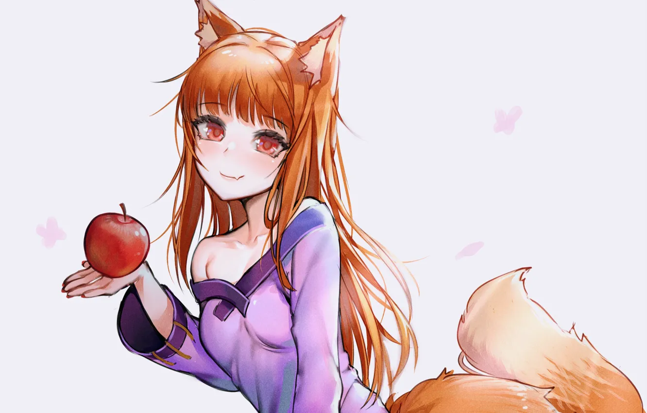 Photo wallpaper girl, apples, tail, white background, ears, Spice and Wolf, Holo, Spice and wolf