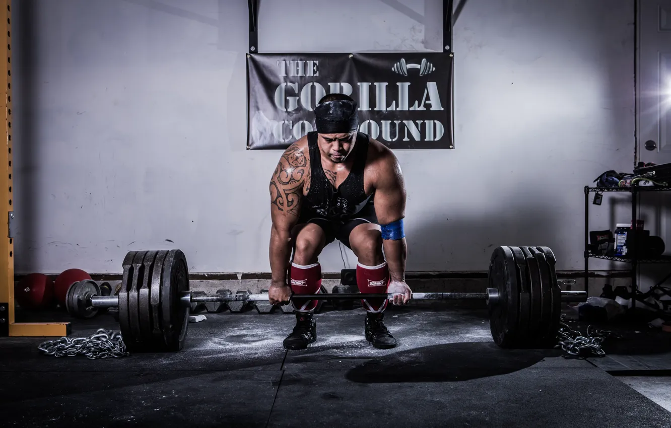 Photo wallpaper man, pose, tattoos, weightlifting