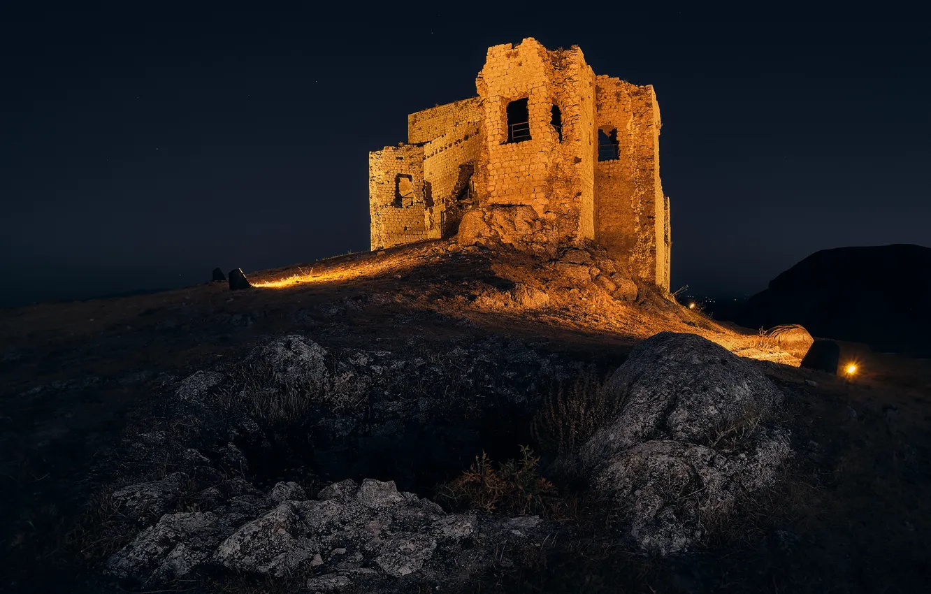 Photo wallpaper night, lights, stones, castle, hills, lighting, ruins