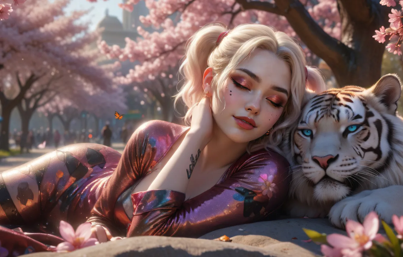 Photo wallpaper girl, tiger, blonde, ponytails, AI Art