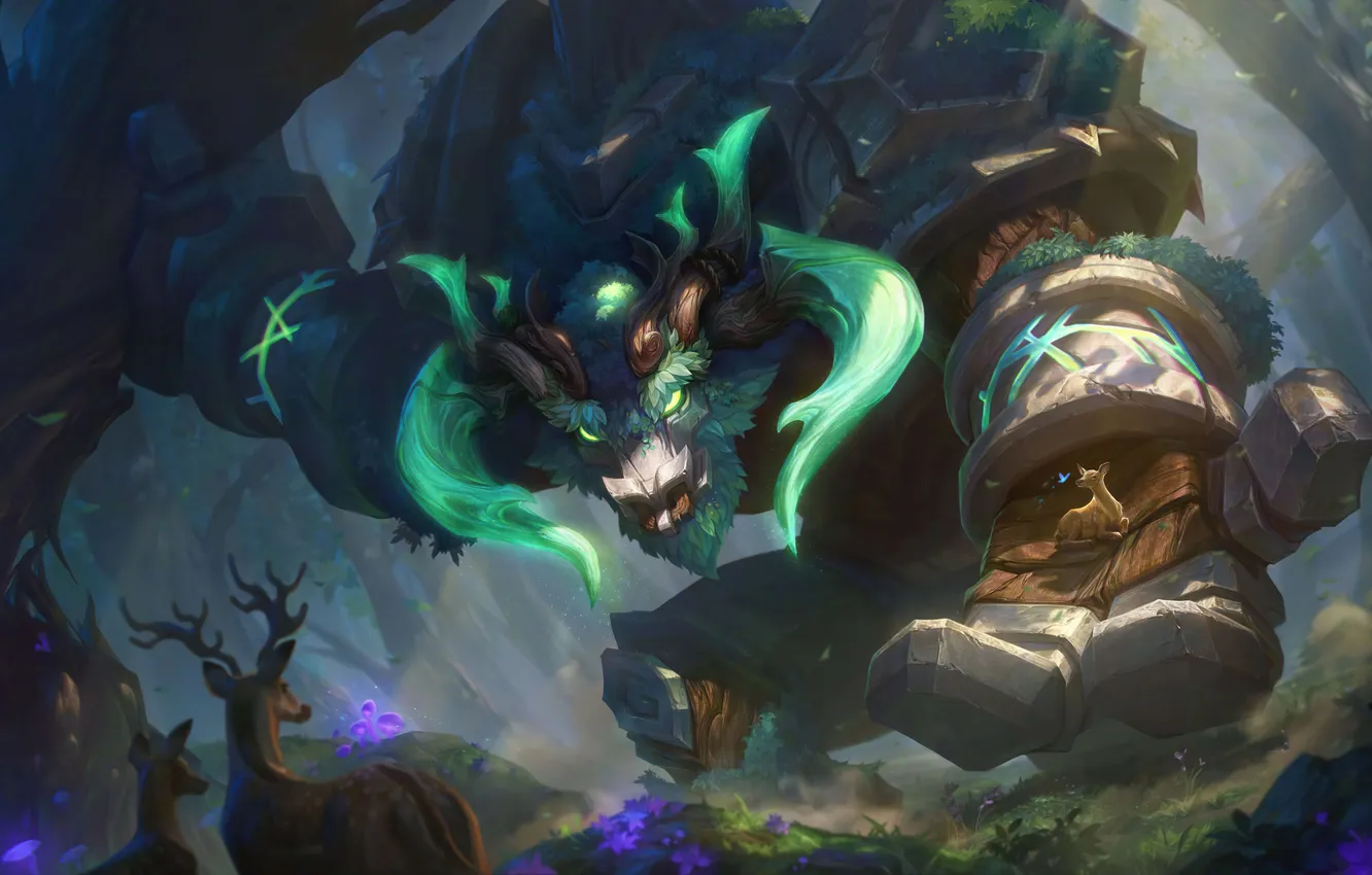 Photo wallpaper monster, armor, deer, giant, game, characters, bokeh, League of Legends
