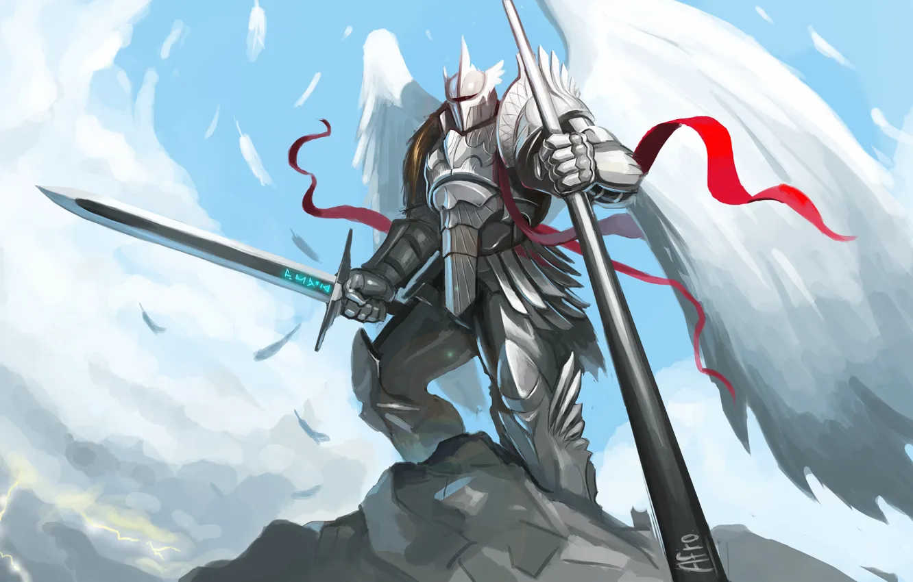 Photo wallpaper fiction, wings, angel, armor, sword