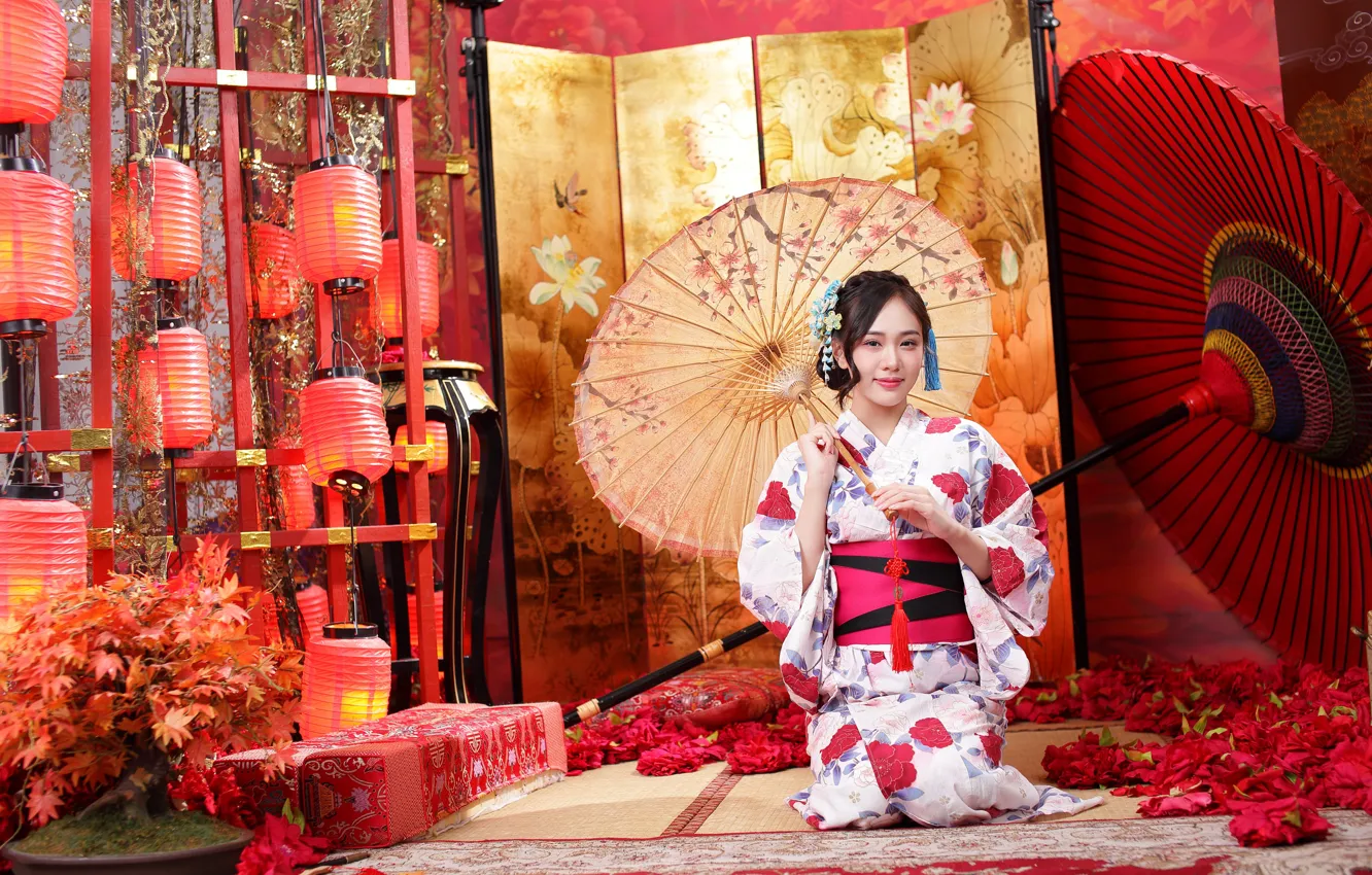 Photo wallpaper umbrella, kimono, Asian