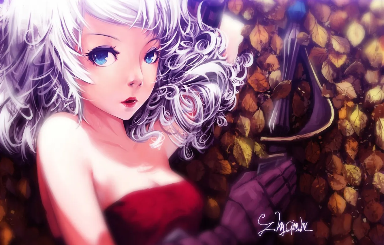 Photo wallpaper leaves, girl, light, sword, art, light, fence, Ephesus