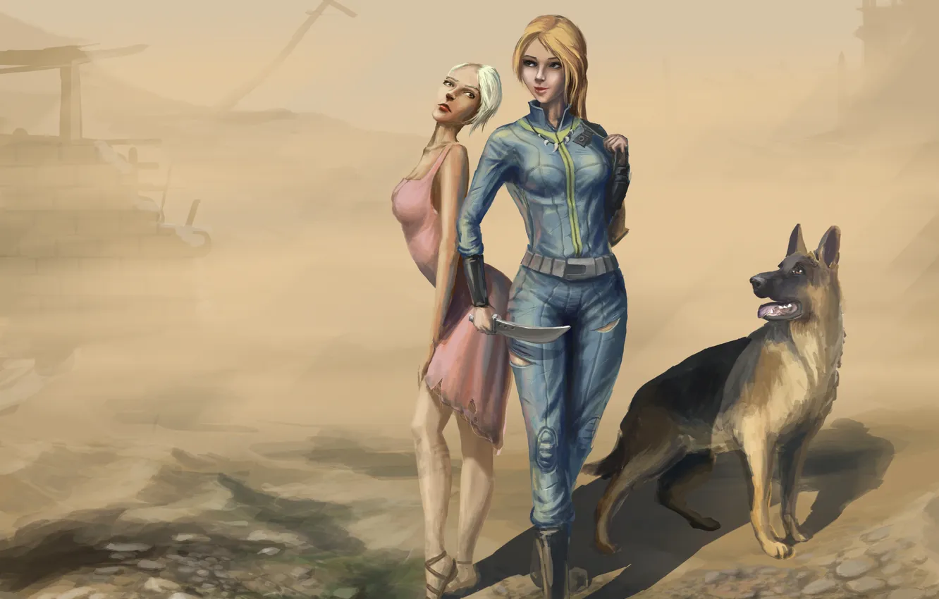 Photo wallpaper girl, dog, art, knife, Fallout 3, pustosh