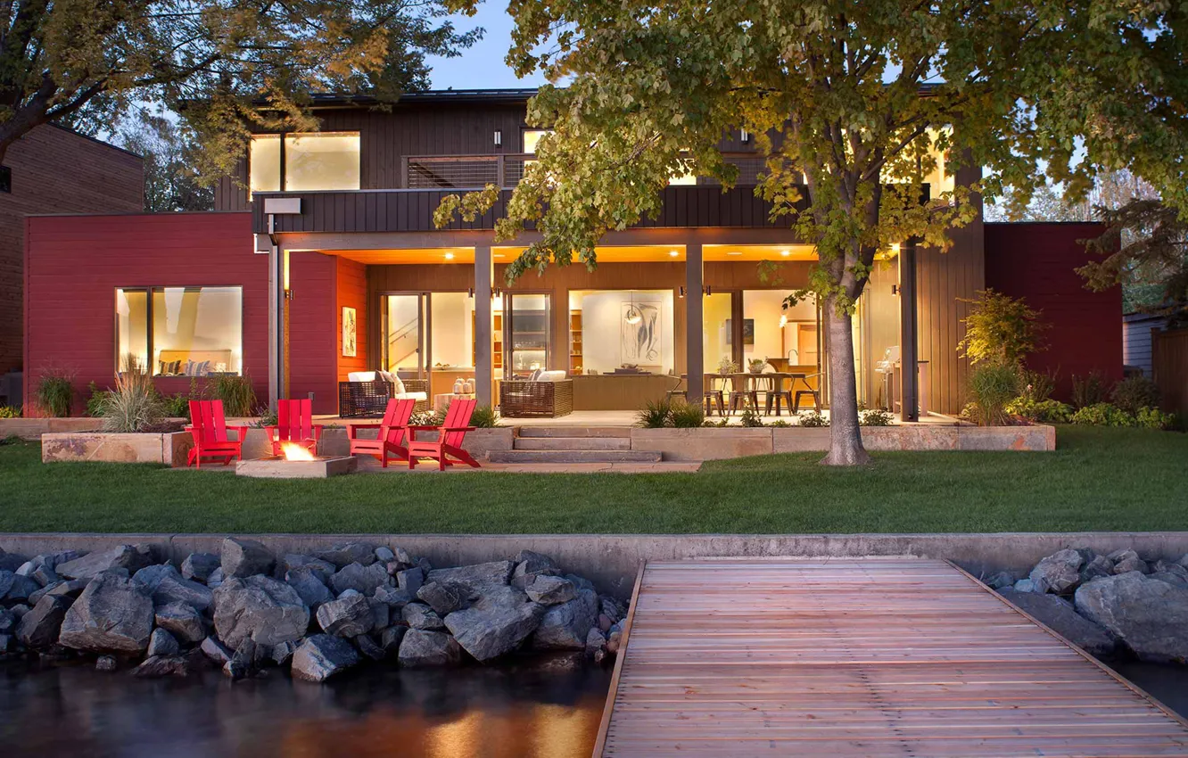 Photo wallpaper river, Villa, the evening, pier, lighting, by Cushing Terrell project, Boyce Residence, River'sEndHouse-1