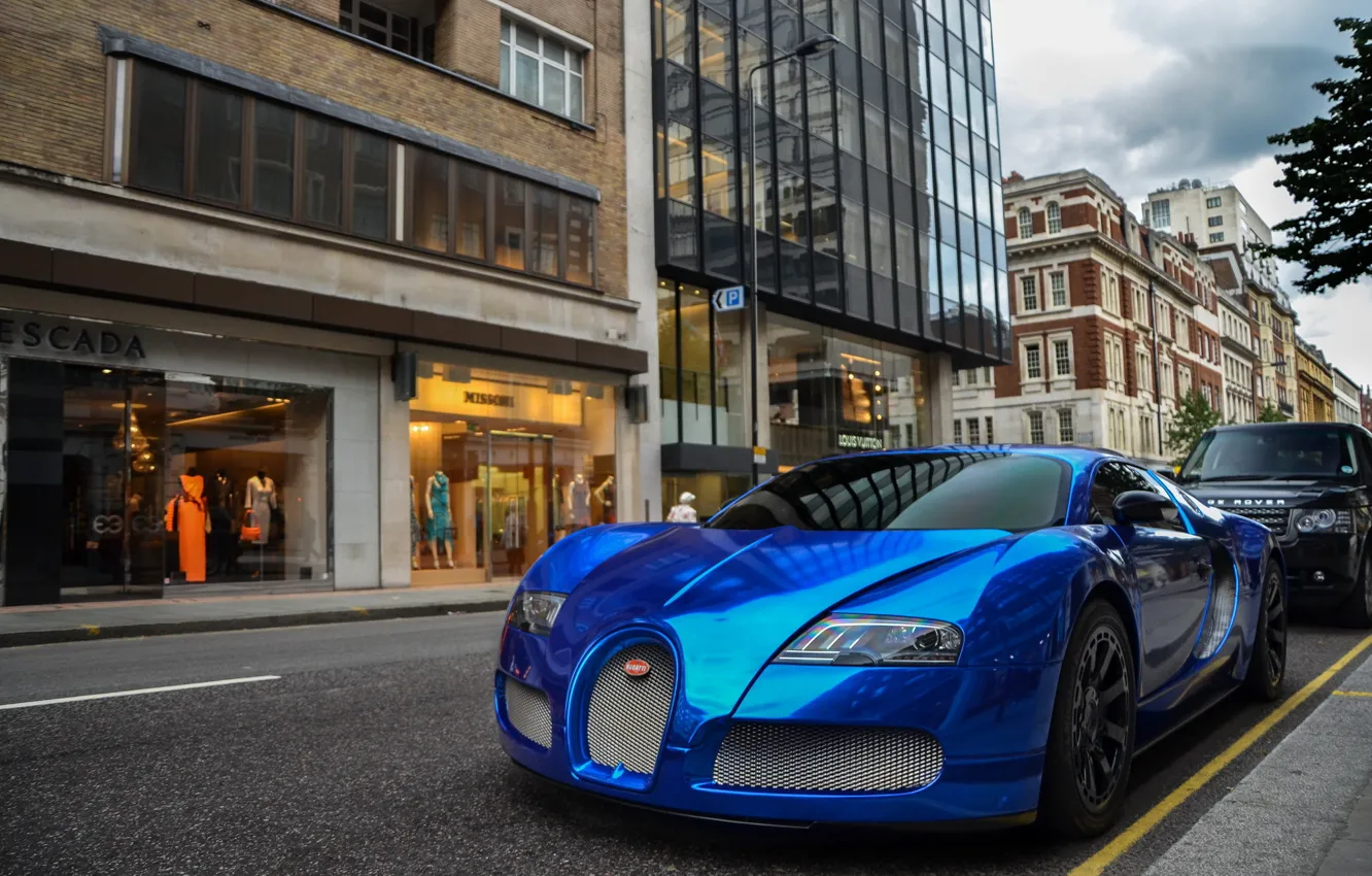 Photo wallpaper blue, Bugatti, Veyron, Bugatti, chrome, Blue, Veyron, hypercar