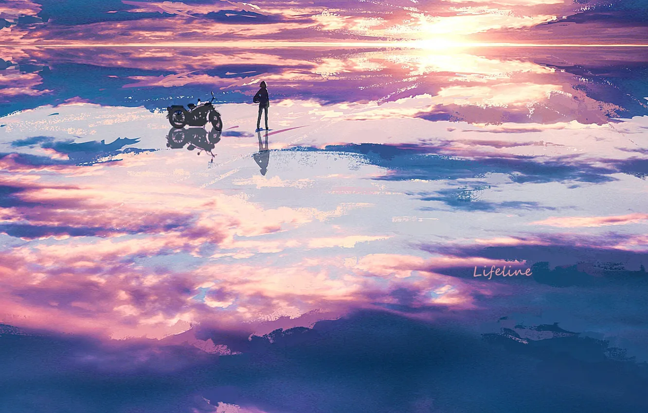Photo wallpaper water, girl, sunset, motorcycle