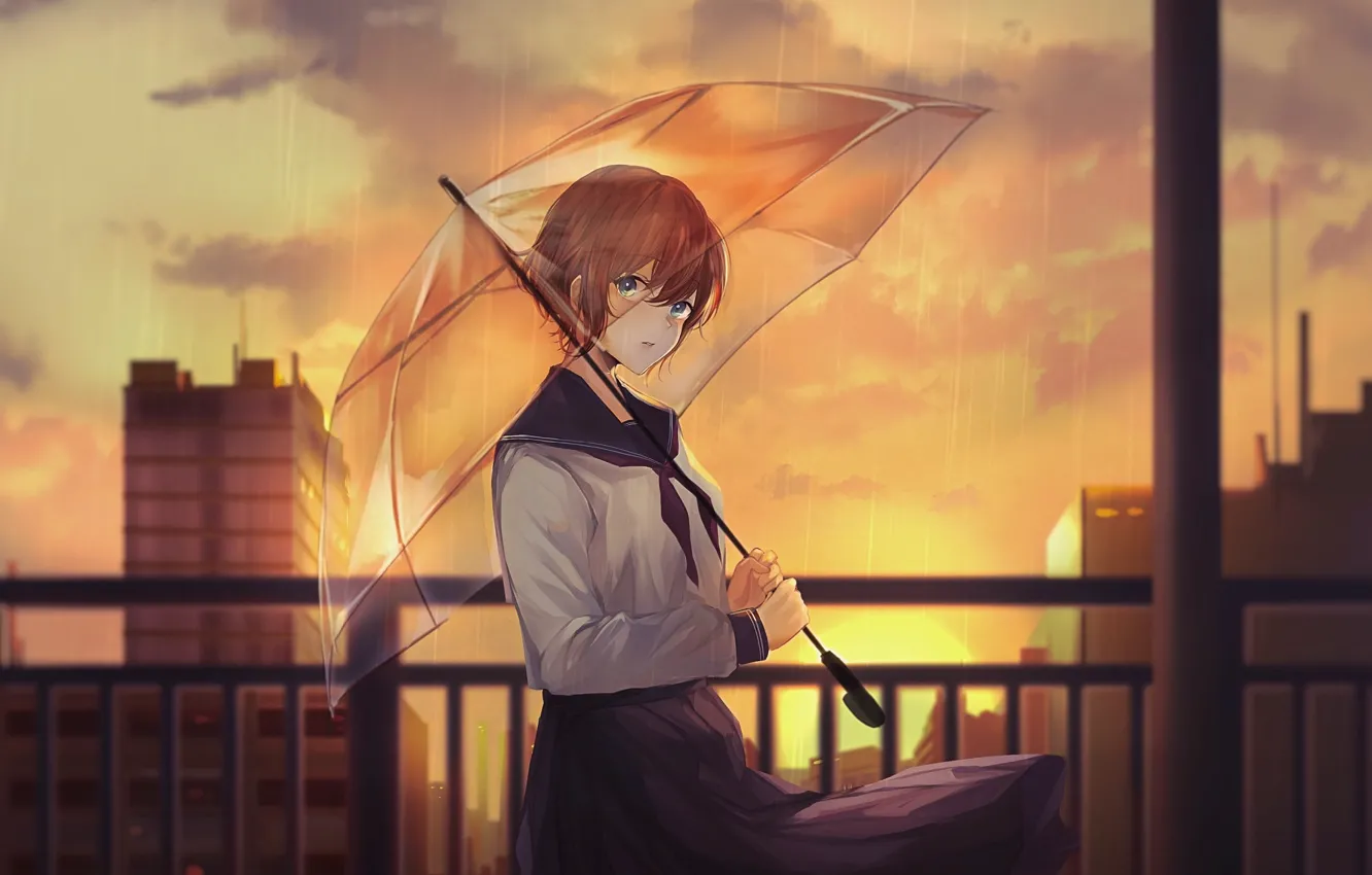 Photo wallpaper girl, the city, the evening, umbrella