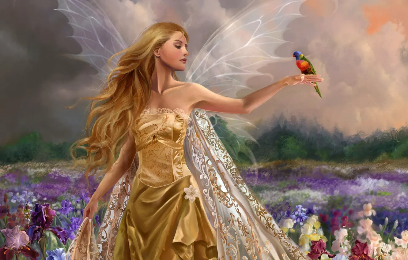 Photo wallpaper field, summer, the sky, flowers, fantasy, fairy, the world of fairy tales, transparent wings