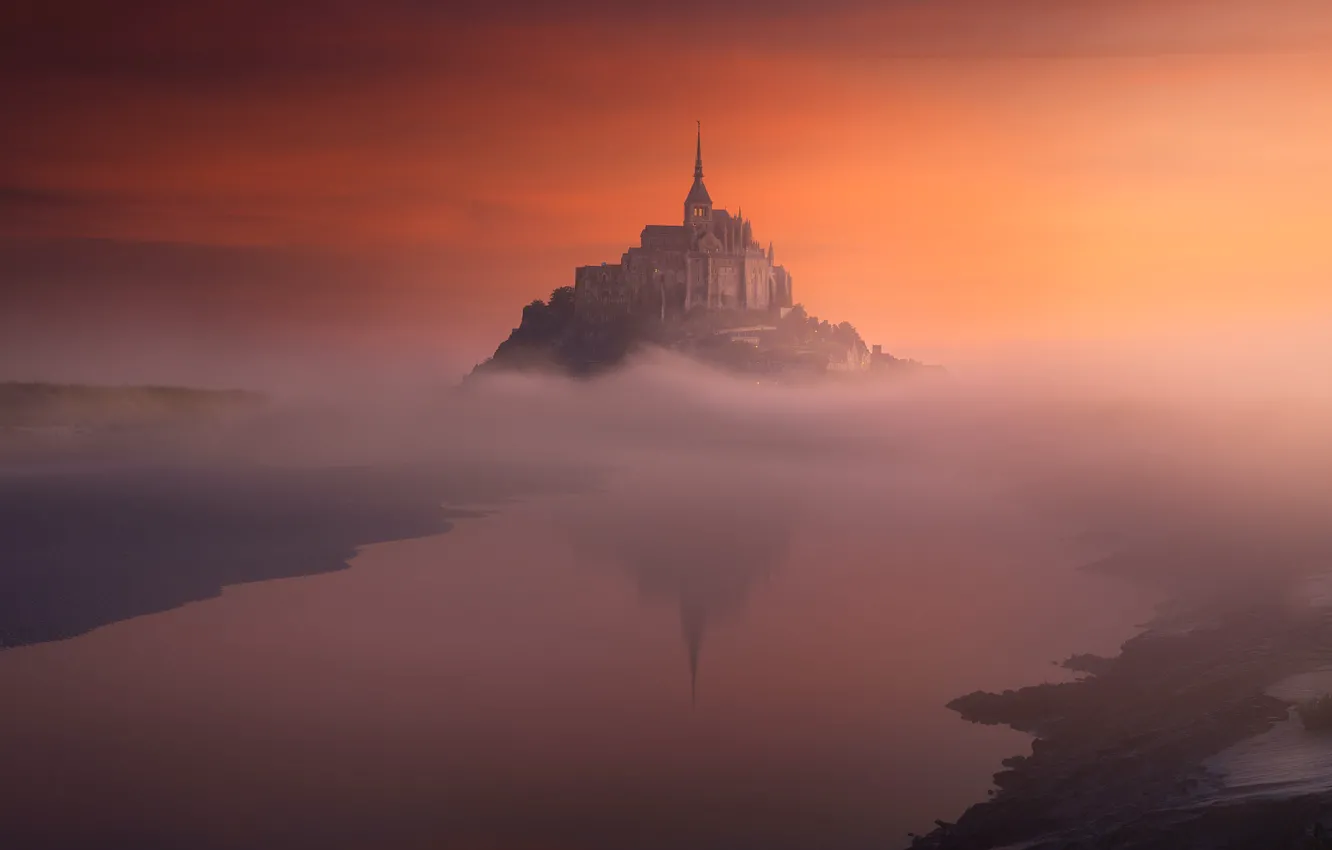 Photo wallpaper fog, France, island, the evening, morning, Mont-Saint-Michel, St Michael's mount