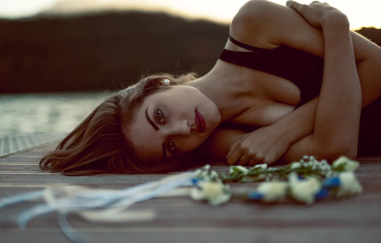 Photo wallpaper chest, eyes, look, girl, pose, hair, lies, flowers