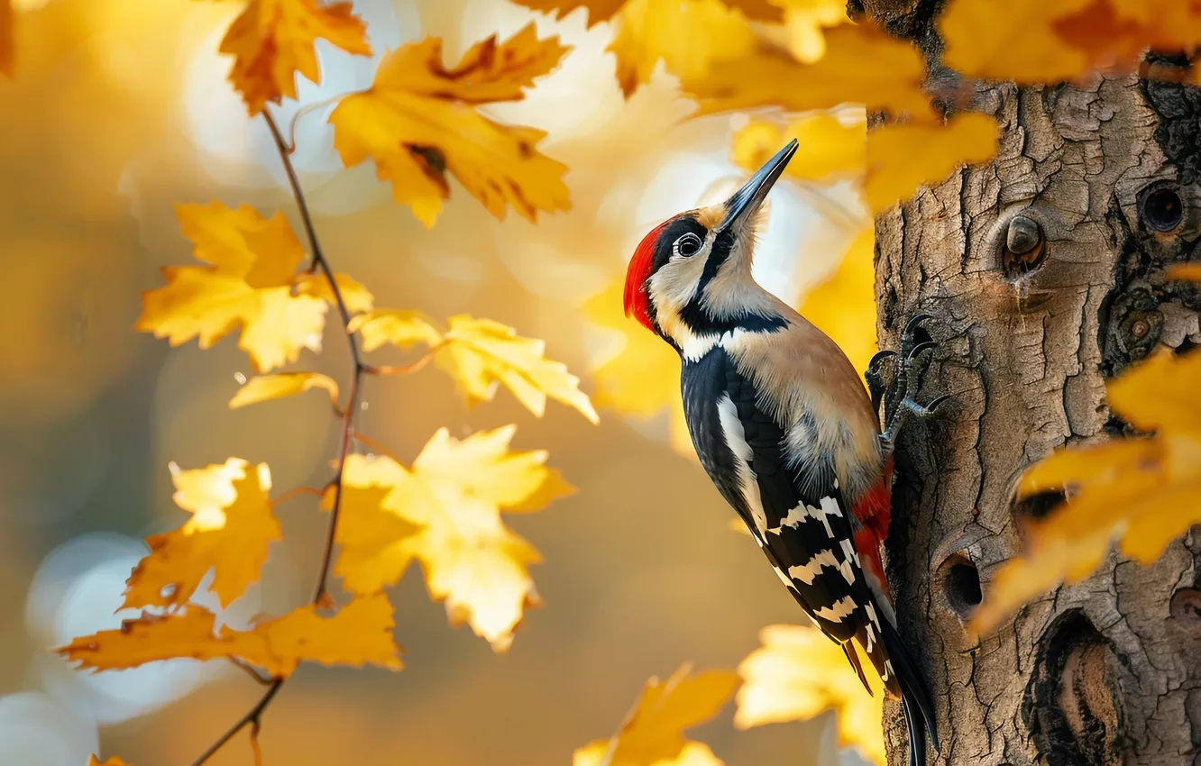 Photo wallpaper autumn, light, trees, branches, bird, foliage, yellow leaves, woodpecker