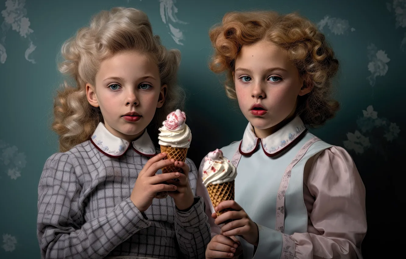 Photo wallpaper children, retro, wall, Wallpaper, girls, ice cream, blonde, sisters