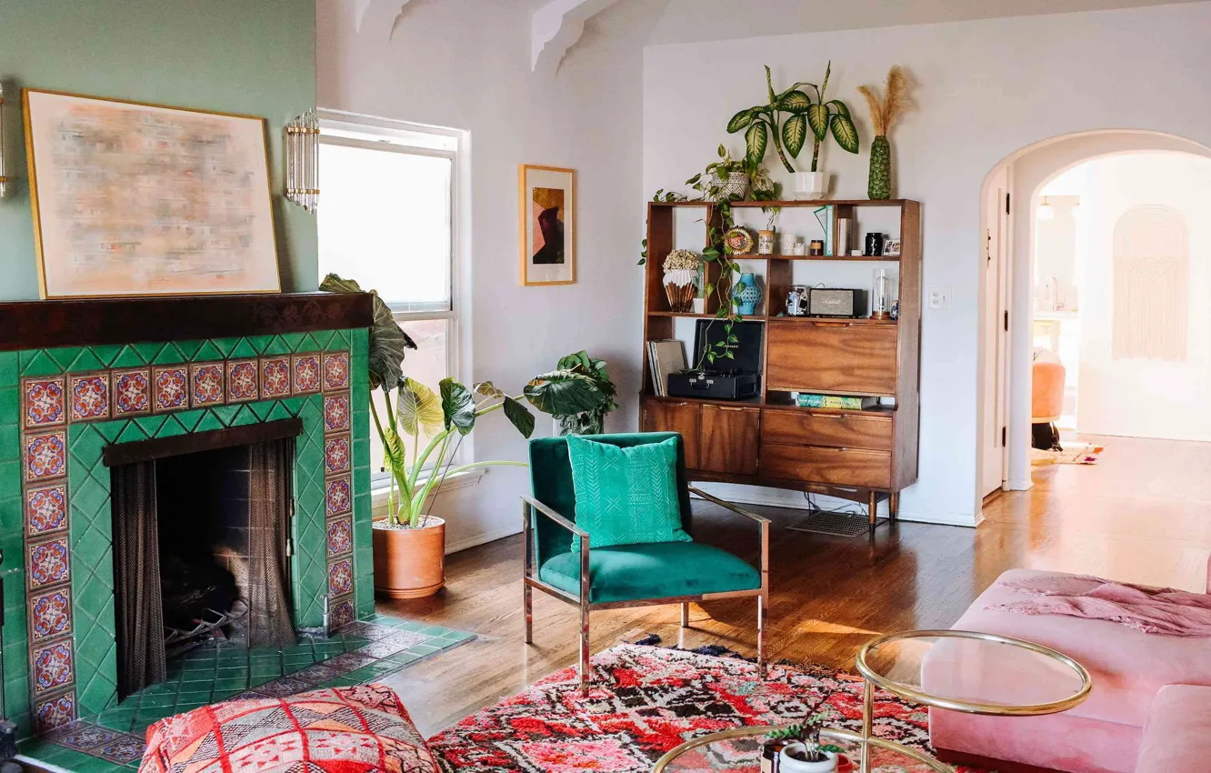 Photo wallpaper design, interior, fireplace, retro style, living room, Mid century modern style