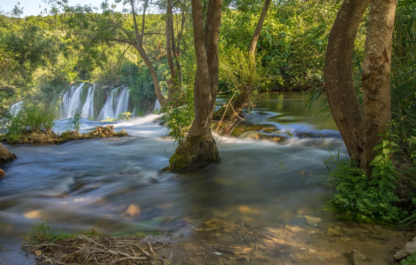 Photo wallpaper trees, river, waterfall, Bosnia and Herzegovina, Bosnia and Herzegovina, Kravice Falls, Trebižat river, Waterfall Kravice