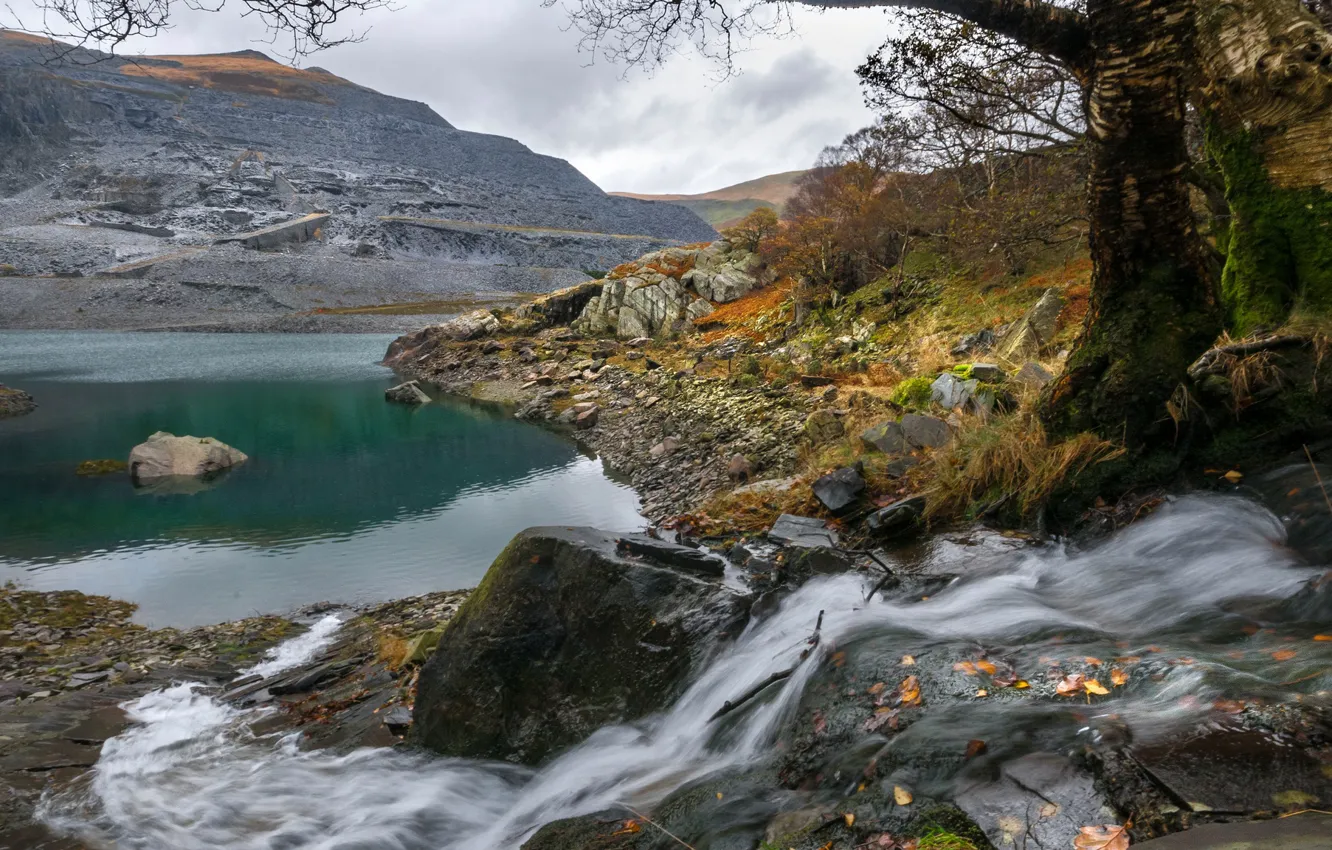 Photo wallpaper autumn, mountains, lake, Wales, Llyn Peris