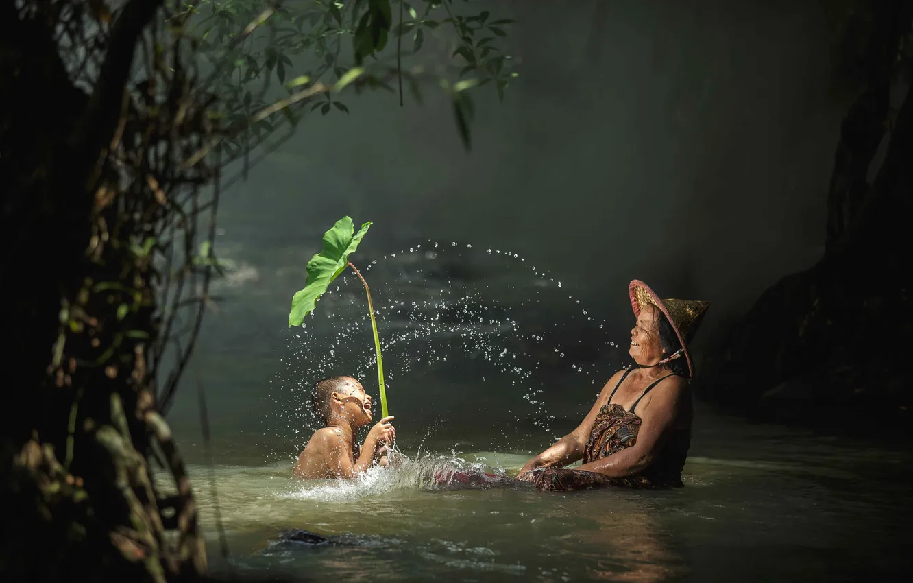 Photo wallpaper man, child, asian, villager