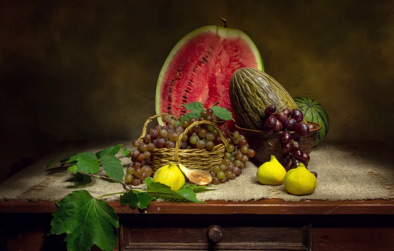 Photo wallpaper leaves, table, watermelon, grapes, bowl, still life, basket, melon