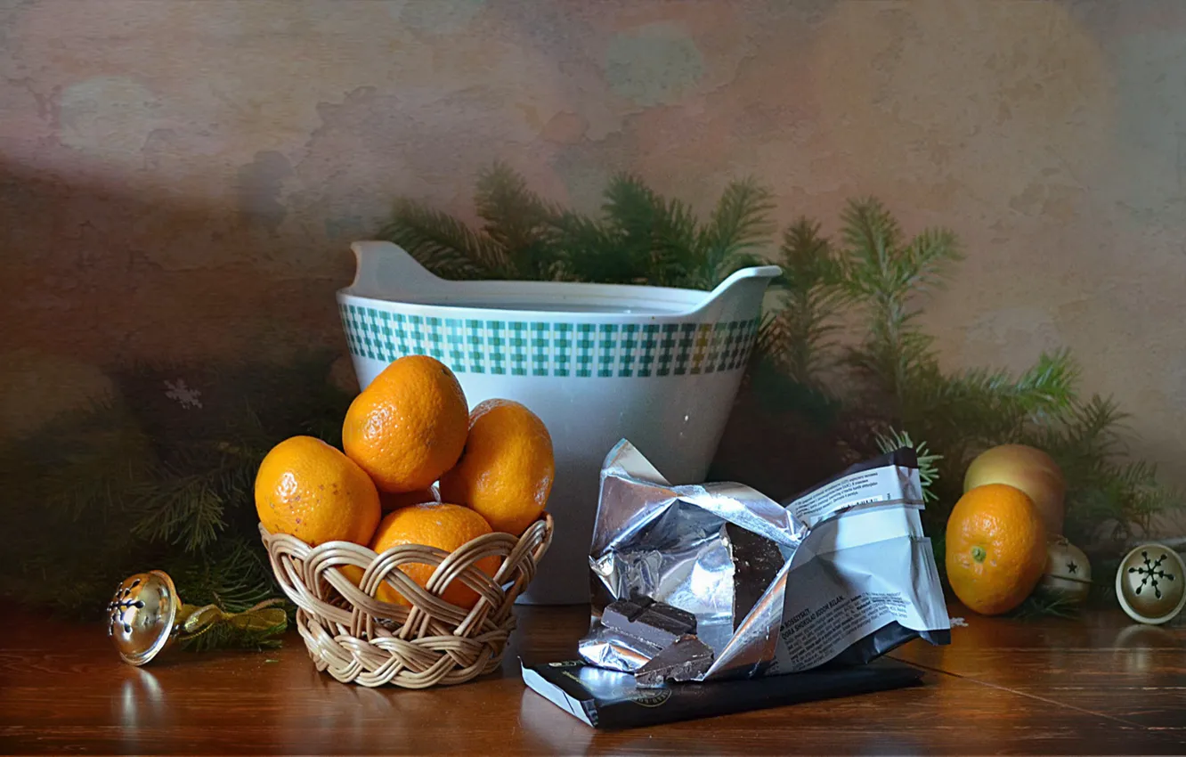 Photo wallpaper table, holiday, tree, new year, chocolate, dishes, still life, tangerines