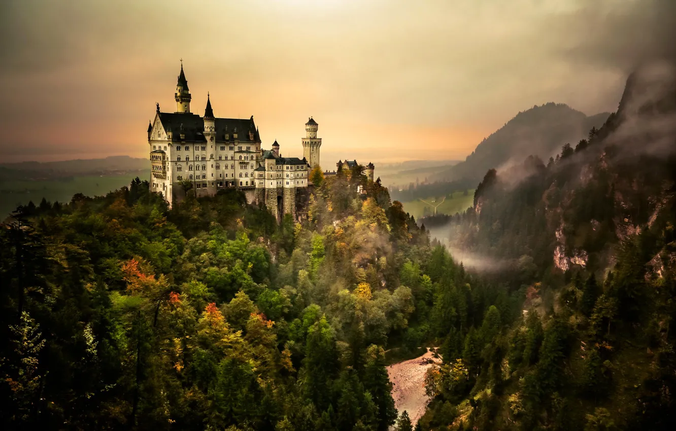 Photo wallpaper forest, the sky, mountains, castle, Germany, Bayern, Neuschwanstein, trees