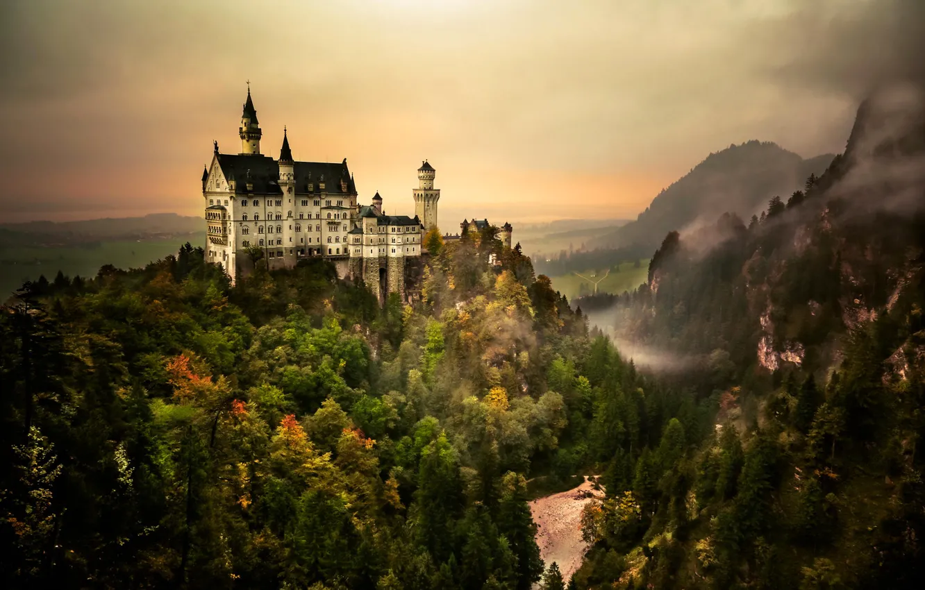 Photo wallpaper forest, the sky, mountains, castle, Neuschwanstein, Bayern, Germany, trees