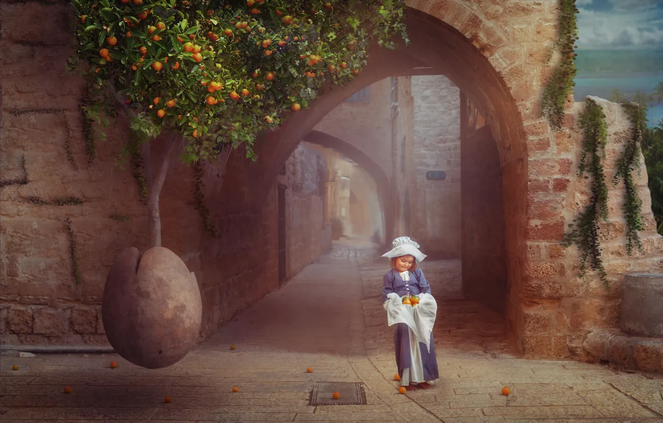 Photo wallpaper tree, oranges, arch, child, Orange tree