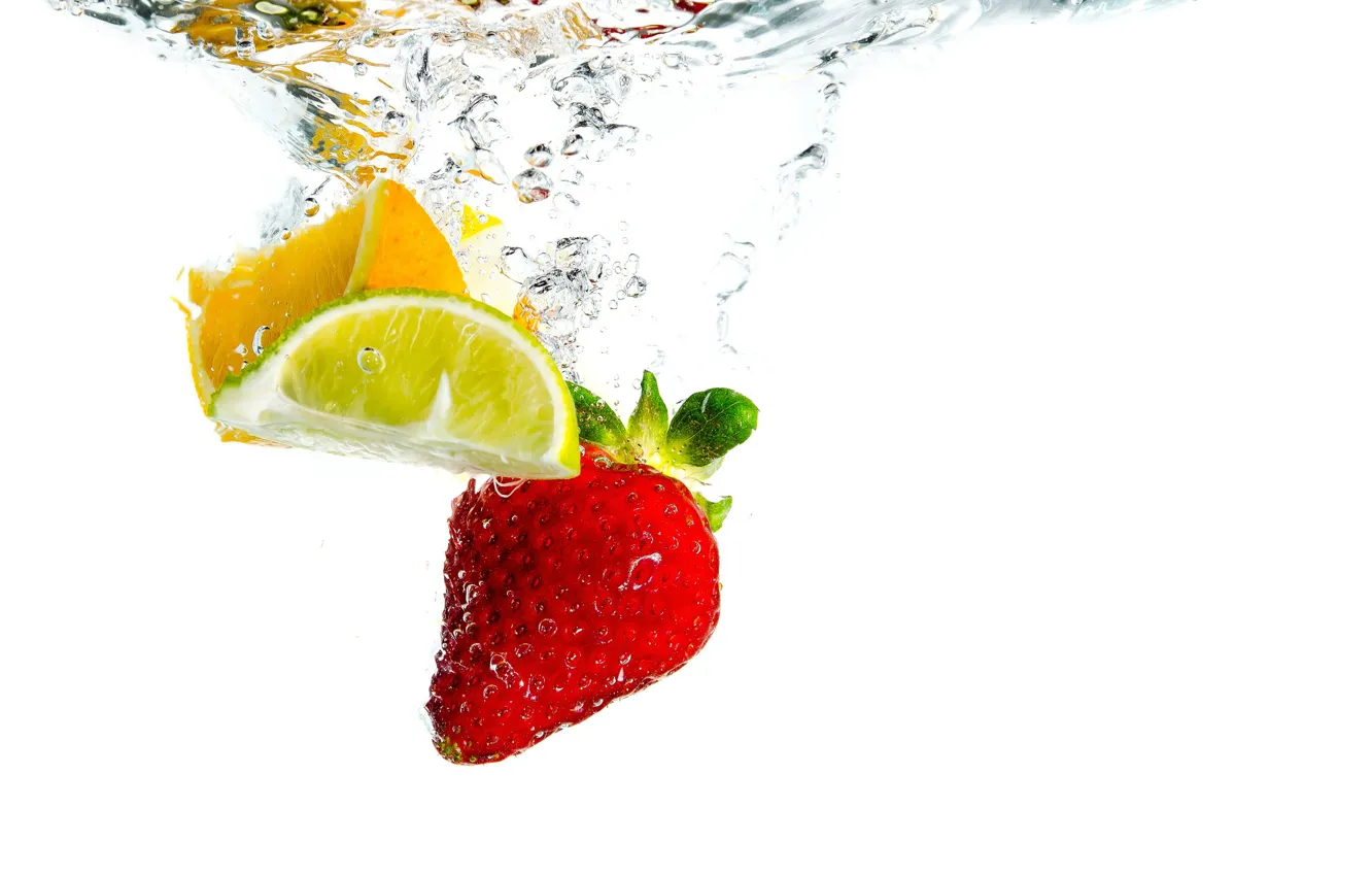 Photo wallpaper lemon, fruits, water, orange, splash, strawberry