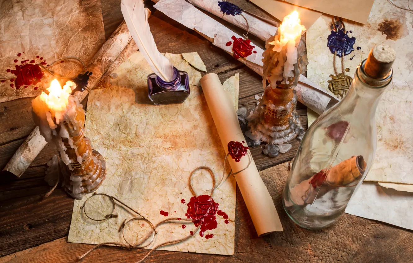 Photo wallpaper paper, pen, bottle, candles, glasses, wax, ink, parchment