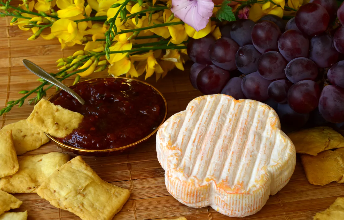 Photo wallpaper photo, food, cheese, grapes, jam, chips