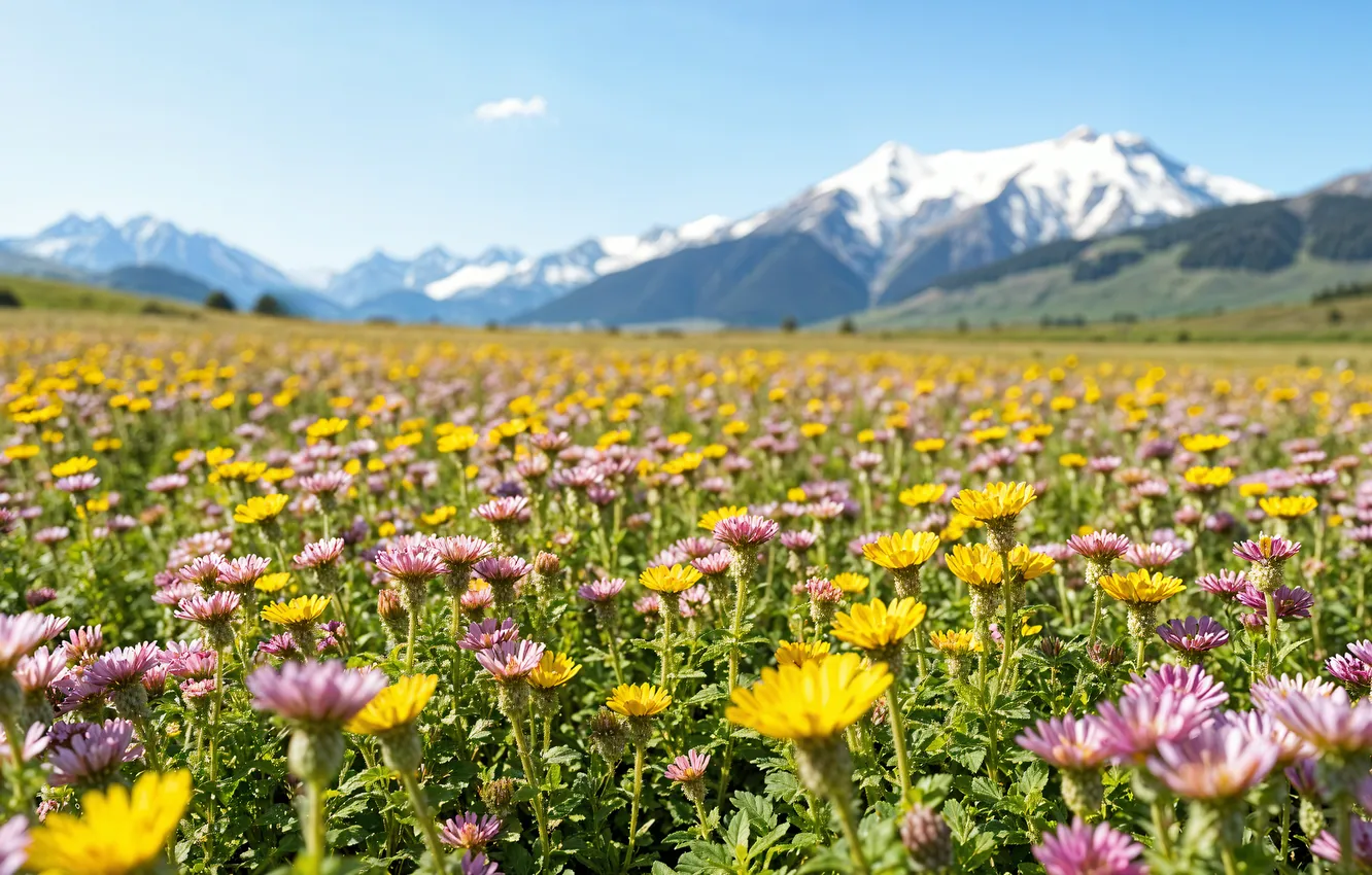 Photo wallpaper field, flowers, mountains, spring, colorful, meadow, blossom, flowers