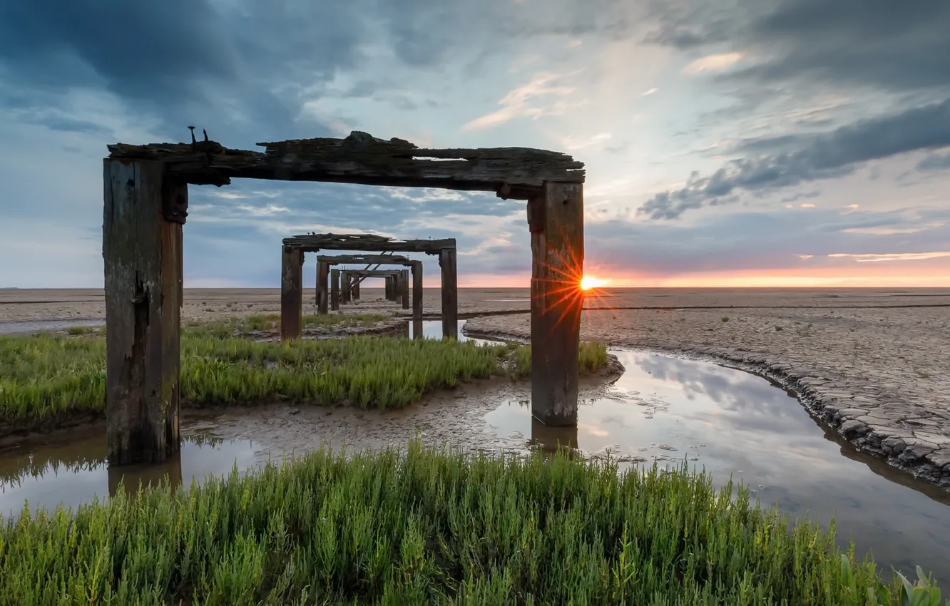 Photo wallpaper sunset, bridge, shore