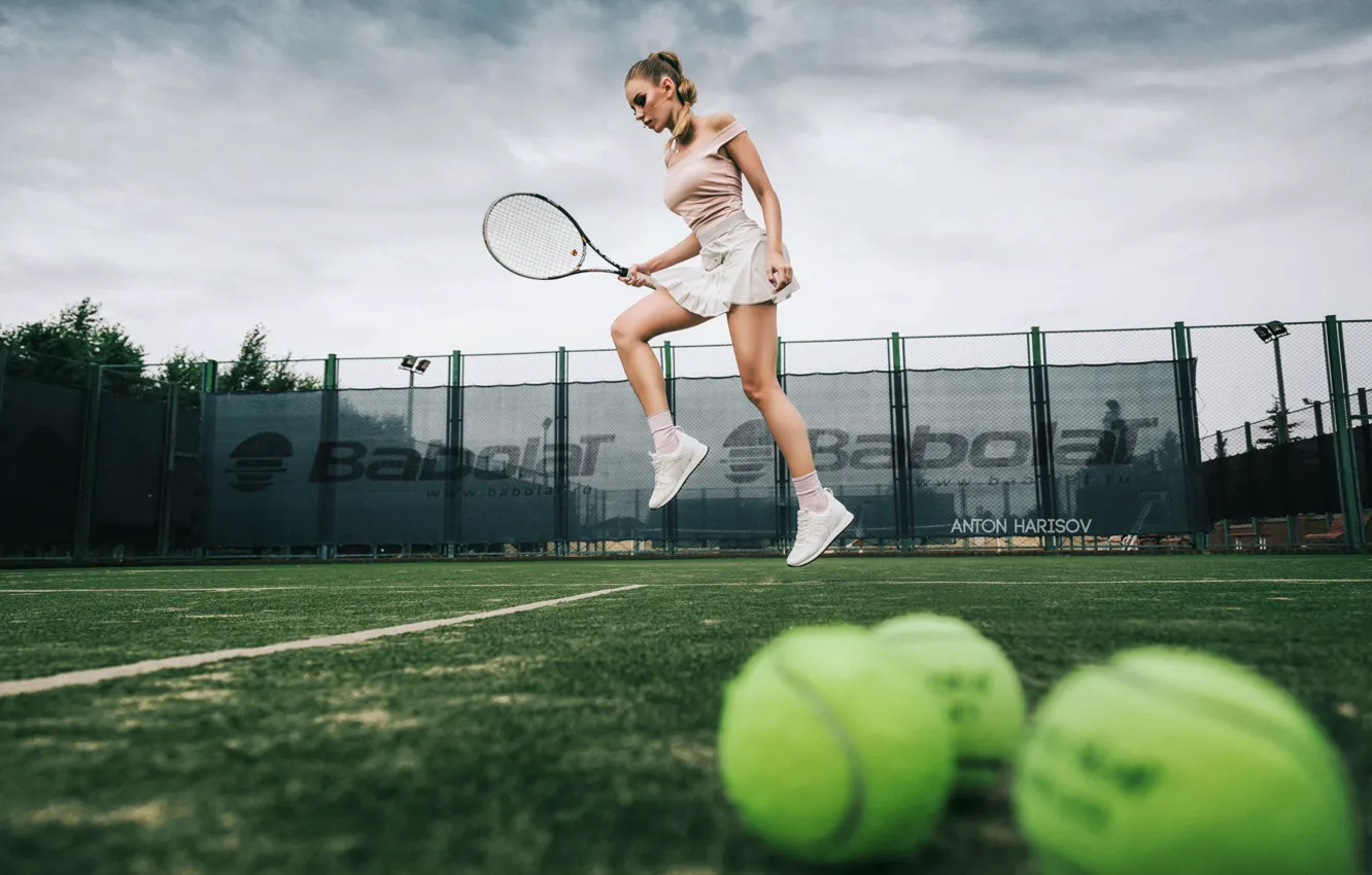Photo wallpaper jump, skirt, balls, racket, tennis, Anton Kharisov, Katrin Sarkozy