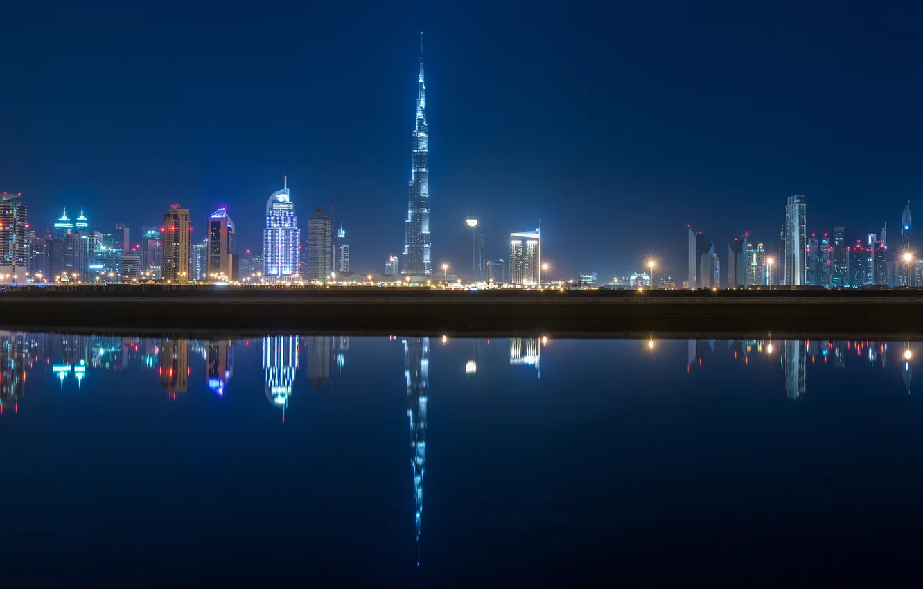 Photo wallpaper lights, reflection, building, panorama, Dubai, Dubai