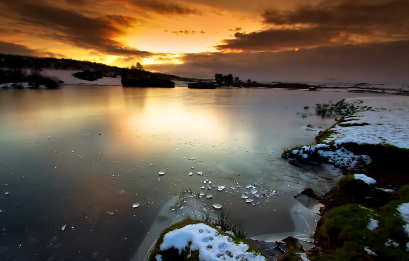 Photo wallpaper ice, winter, the sky, sunset, fragments, lake, Scotland, Scotland