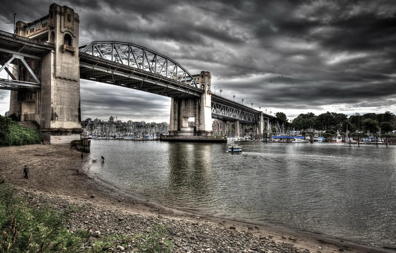 Photo wallpaper the sky, clouds, bridge, river, boat, home, yacht, Canada