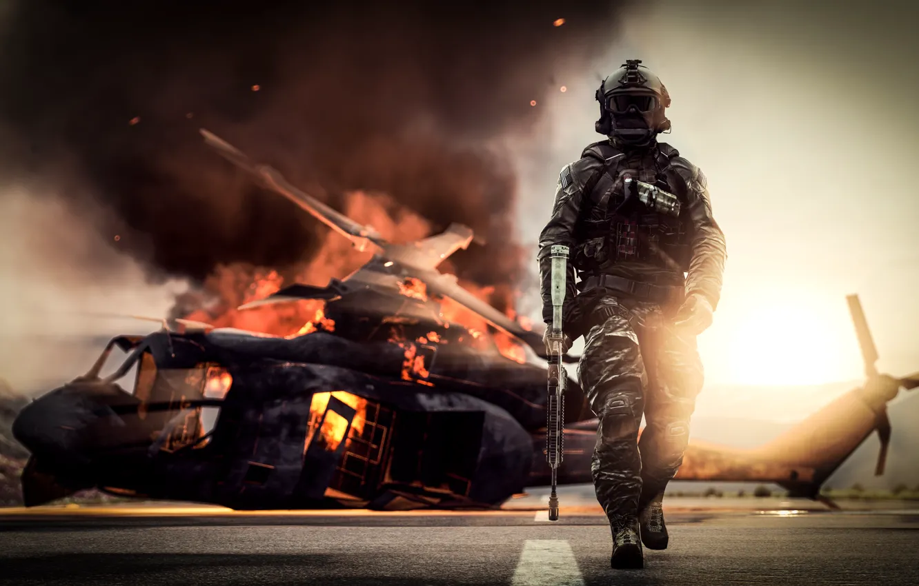 Photo wallpaper weapons, background, fire, soldiers, helicopter, equipment, Battlefield 4