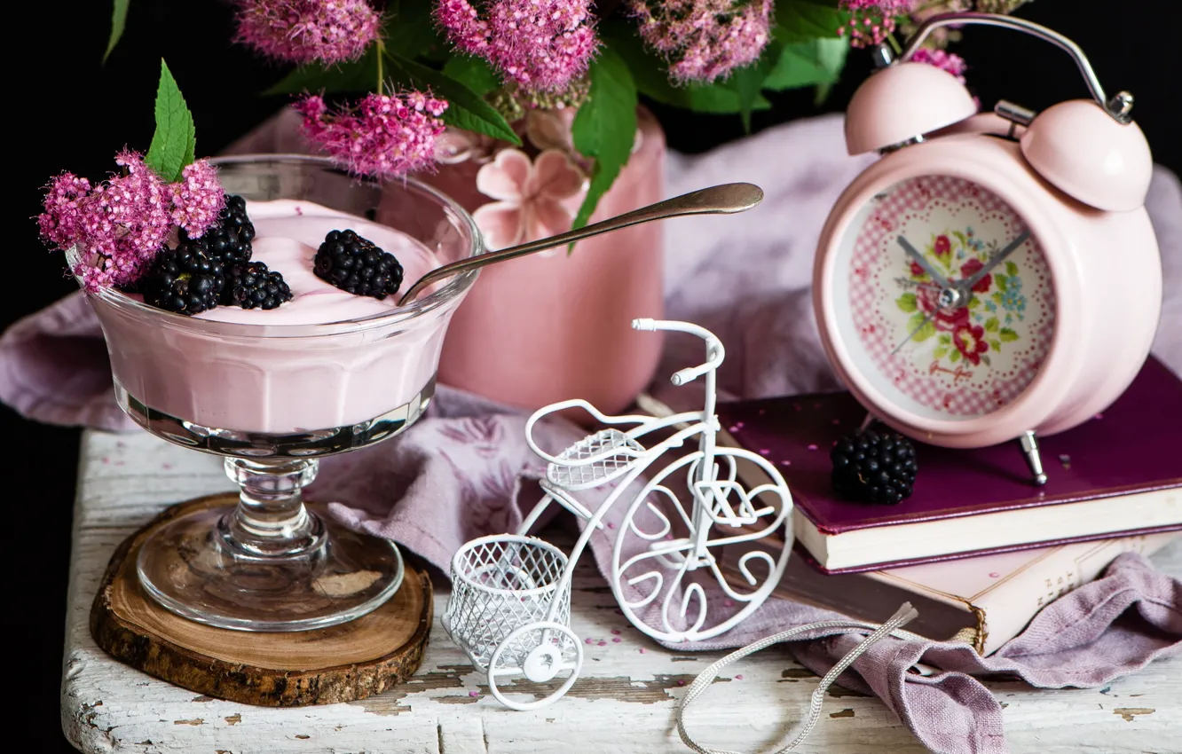 Photo wallpaper flowers, bike, alarm clock, dessert