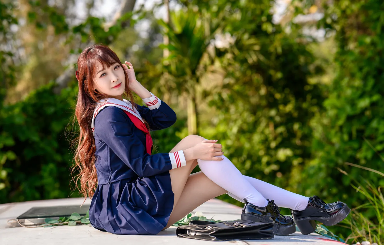 Photo wallpaper girl, schoolgirl, Asian, uniform